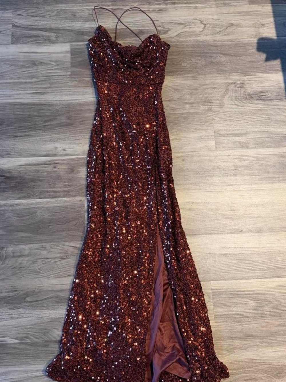 Windsor Burgundy Sequin Side Slit Gown